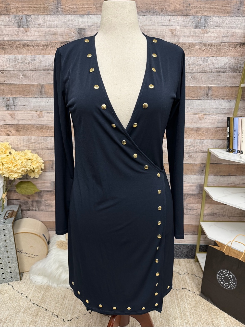 Michael Kors navy blue wrap dress with gold accents N/S
